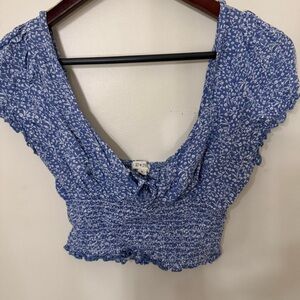 Sky and Sparrow Blue and White Smocked Crop Blouse